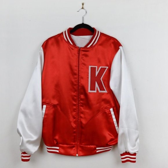 Vintage Jackets & Blazers - Vintage Kathy K Alphabet Varsity Red and White Satin Zip Up Bomber Jacket